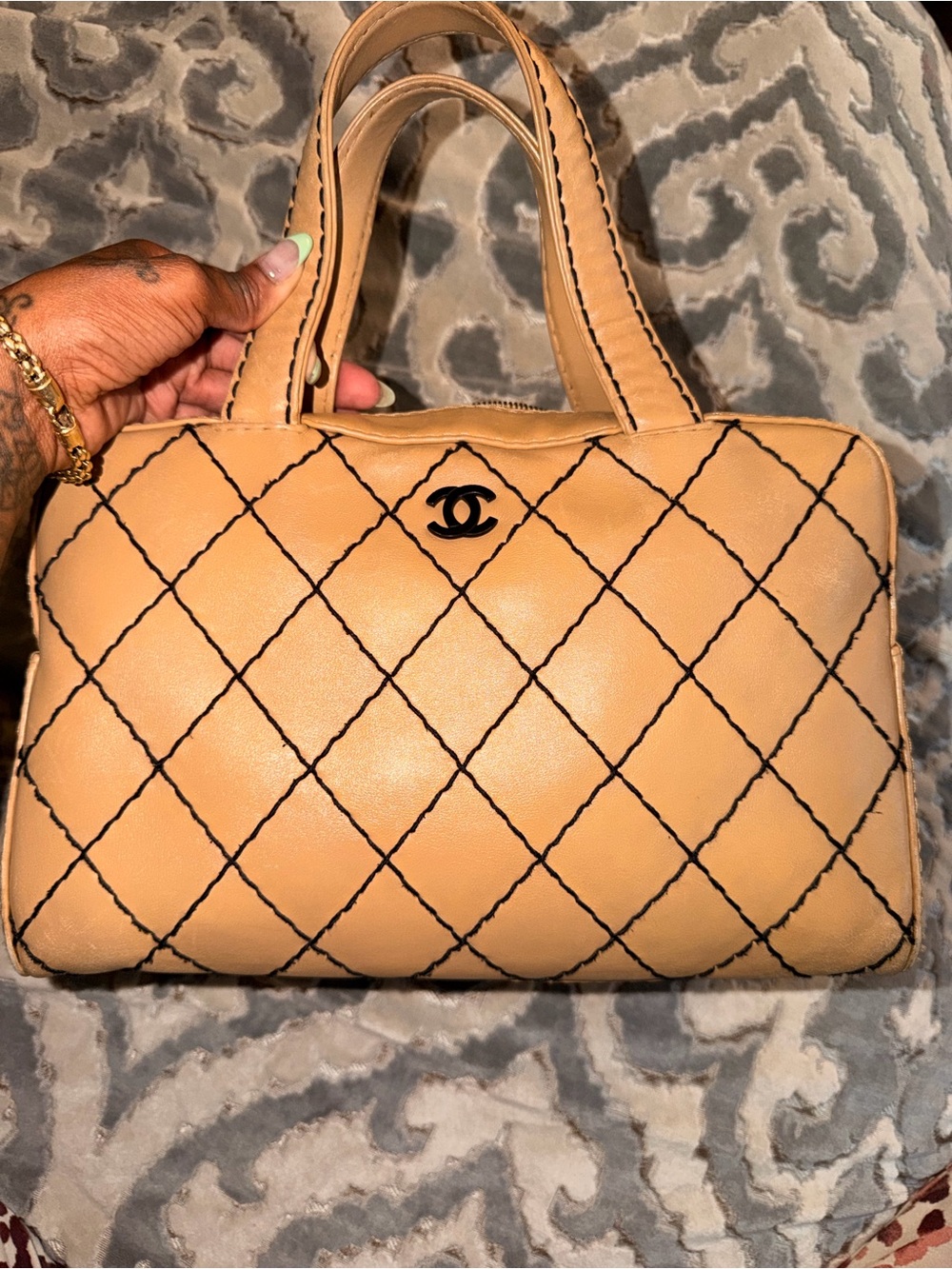 Authentic CHANEL Beige Quilted Leather Satchel with Black Stitching